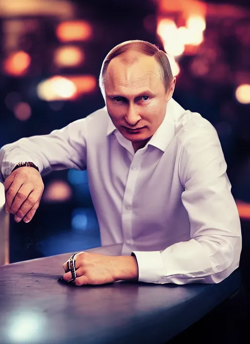 Prompt: a professional photo of person looking like vladimir putin sitting on bar, hand on table, rolex watches, taken in night club, blur background