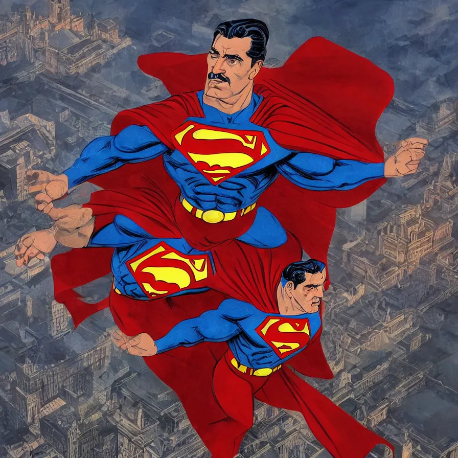 Prompt: epic visual development art of stalin as superman flying over moscow, hammer and sickles, cccp, socialist realism, soviet nostalgia, sovietwave, ultrarealistic, hyperdetailed, intricate digital art, trending artstation, rich moody colors, fan art, concept art, in the style of the red son