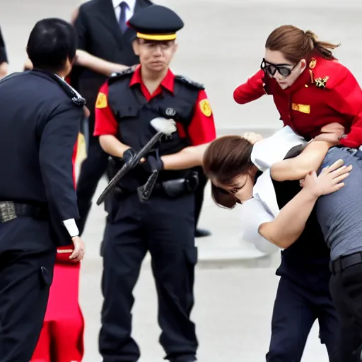 Prompt: angry emma watson putting xi jinping in a headlock as security agents close in, ap news