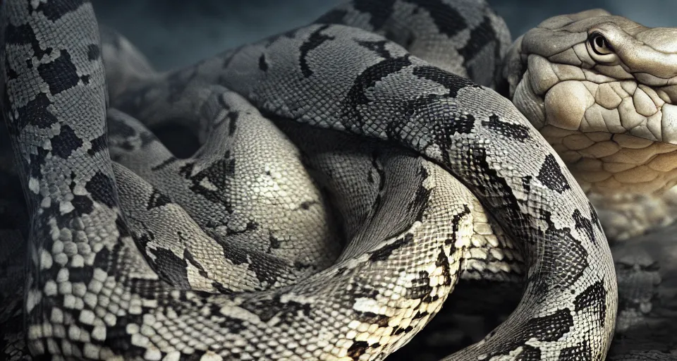 Image similar to closeup portrait of a colossal rattlesnake in a rocky environment, dramatic lighting, cinematic, octane render, cgsociety, artstation, 4k