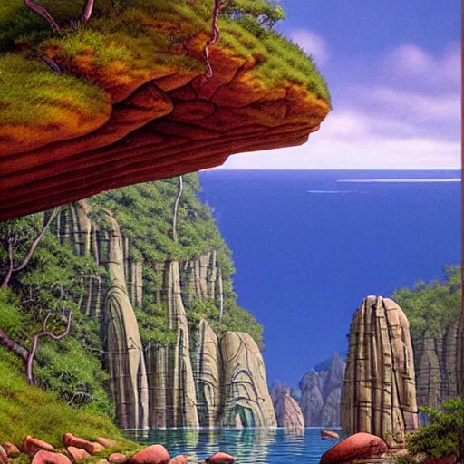 Prompt: Fantasy illustration by Clyde Caldwell You step to the edge of the rocky opening and peer over. You see a tranquil pool of water and a sandy beach 20 feet below. The opening’s bottom leads to a cave, its verdant flora a stark contrast to the rocky sides. You hear chirruping animals sounds emanating from the opening.