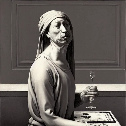 Image similar to A beautiful performance art. Let’s see how long the rich can eat their money for aureolin by Johannes Vermeer, by Eric Zener desaturated