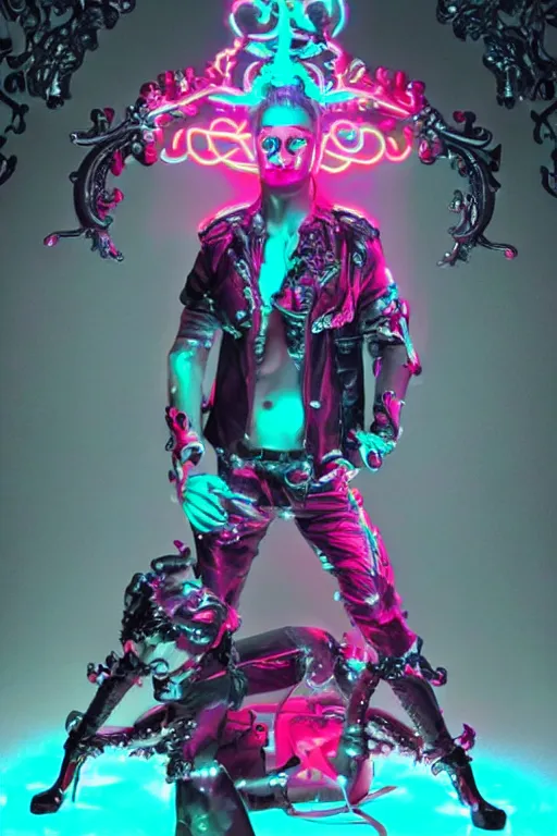 Image similar to full-body rococo and cyberpunk style neon statue of a muscular attractive Jay Sean sim roupa macho dotado e rico android sim roupa reclining con las piernas abiertas e la piroca dura e afuera, glowing red laser eyes, prince crown of red gears, diamonds, swirling black-colored silk fabric. futuristic elements. full-length view. space robots. red balloon animals. human skulls. intricate artwork by caravaggio. Trending on artstation, octane render, cinematic lighting from the right, hyper realism, octane render, 8k, depth of field, 3D