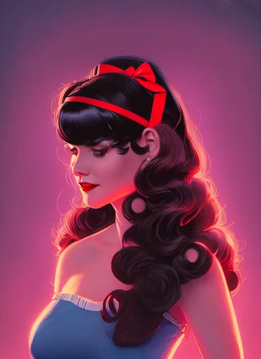 Image similar to portrait of veronica lodge with fluffy bangs, 1 9 6 0 s, long hair, red hairband, curly bangs, intricate, elegant, glowing lights, highly detailed, digital painting, artstation, concept art, smooth, sharp focus, illustration, art by wlop, mars ravelo and greg rutkowski