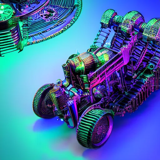 Prompt: album art, the album is called tripmachine, trance music, a huge steampunk mechanic machine made of loudspeakers and music intruments, with many gears and tubes and wires,, 8 k, fluorescent colors, halluzinogenic, multicolored, blue neon accents, exaggerated detailed, front shot, 3 d render, octane