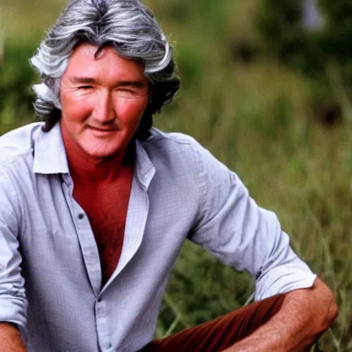 Image similar to patrick duffy as a hippy, he has grown long hippy grey hair, wearing a white shirt