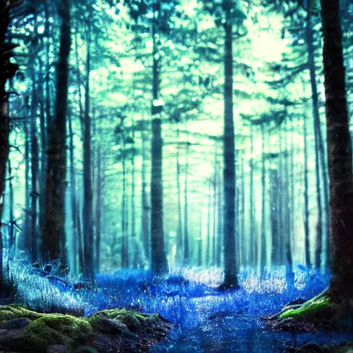 Prompt: blue snappy gifts in magical forest, gifts, dark atmosphere, high detail, soft lighting, 8 k