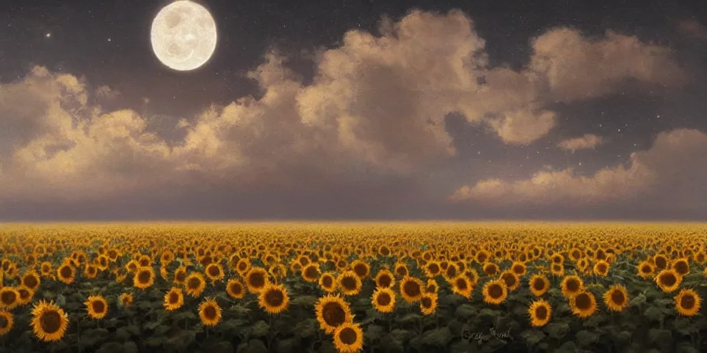 Prompt: A hyper realistic oil painting of a sunflower field at night, gentle light of the moon, high contrast, clouds in the sky, mist in the distance, by Greg Rutkowski, trending on artstation
