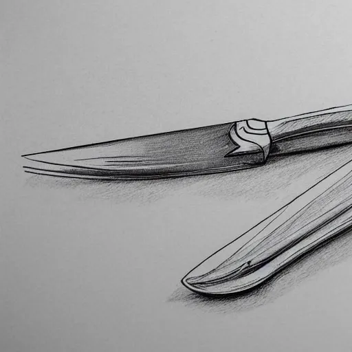 Image similar to detailed sketch, a prototype concept design of a knife and fork, commercial tv add, blade runner style,