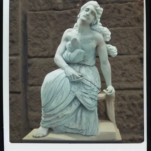 Prompt: Polaroid photo of fragmented greek sculpture of Disney's Elsa