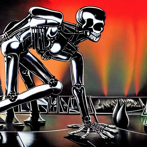 Image similar to 1 9 8 0's heavy metal album art, a shiny reflective detailed chrome android dancing with a skeleton wearing a skintight black latex bodysuit inside an alien nightclub, colorful lighting