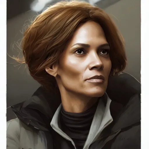 Image similar to maci holloway in a political meeting, first woman elected as president in usa, cold but beautiful, about 3 5 years old, highly detailed, mix of halle berry and julia roberts, gong li, olga kurylenko, artstation hd, deviantart, by artgem, greg rutkowski