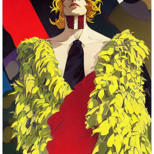 Image similar to art by joshua middleton, the yellow creeper, a tall manically smiling yellow - skinned man with green and black striped cycling shorts and wearing a long red feather boa, yellow makeup, mucha, kandinsky, poster, comic art, stylised design