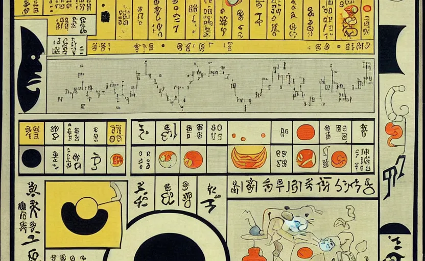 Prompt: business dashboard with time series charts, pie plots and other modern graphics, with small creatures with many eyes. diego rivera ( with slight ukiyo - e influence ). ravi supa.