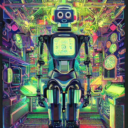 Image similar to a robot with a beautiful mind, an ultrafine detailed illustration by james jean, final fantasy, intricate linework, bright colors, behance contest winner, vanitas, angular, altermodern, unreal engine 5 highly rendered, global illumination, radiant light, detailed and intricate environment