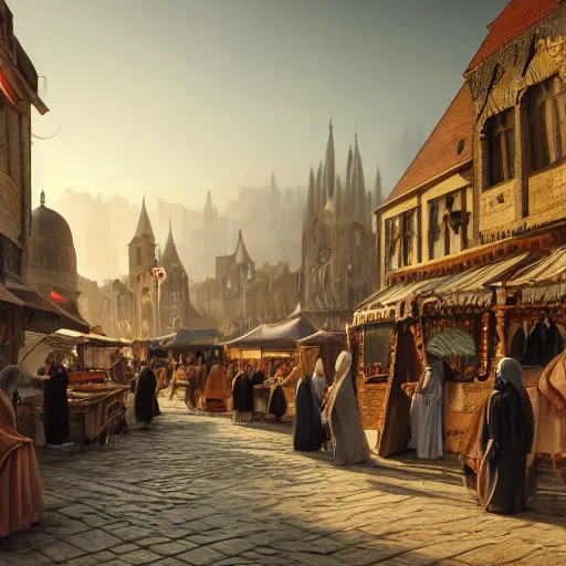 Prompt: a movimented medieval market painted by jan baptist huysmans, adorned architecture, birds, nature, middle east, epic painting, cgsociety, sand, beautiful, camel, semirealism, artstation, volumetric light, octane render, sharpness, 8 k, golden ratio