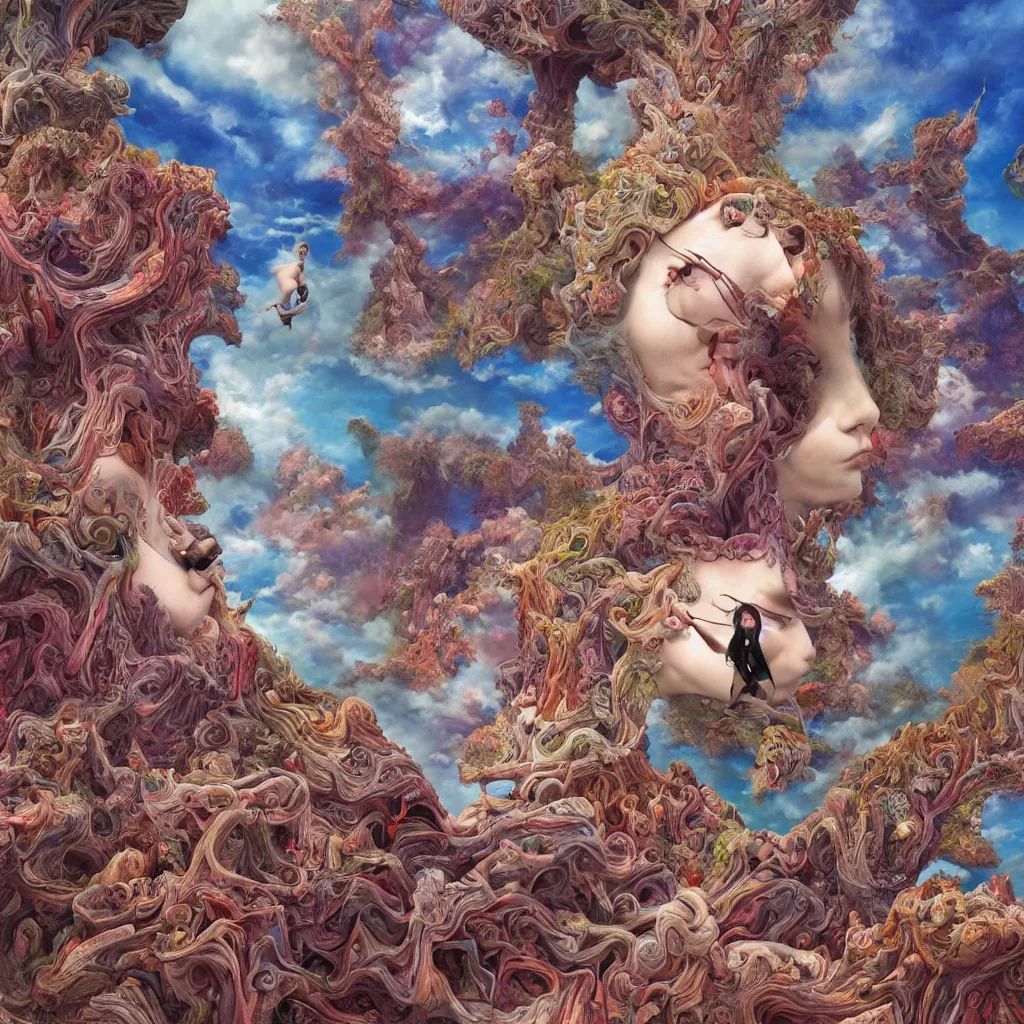 Prompt: ultrawide angle colour masterpiece surreal closeup portrait photography of gods playing on stage by miho hirano and annie leibovitz and michael cheval, weird surreal epic psychedelic complex biomorphic 3 d fractal landscape in background by kilian eng and roger dean and salvador dali and beksinski, 8 k