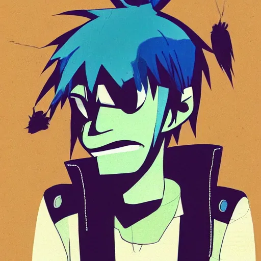 Image similar to 2 d gorillaz, a man with messy blue hair and no eyes, portrait, gorillaz style, jamie hewlett, neutral expression