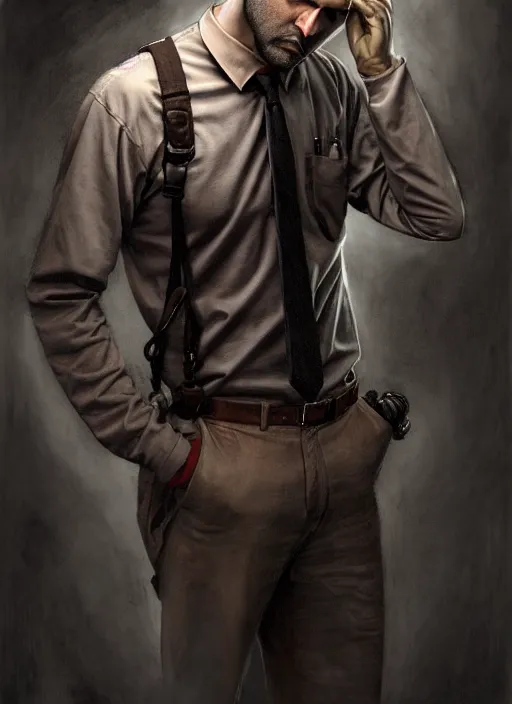 Prompt: male surgeon, brown hair, khakis, plaid shirt, gothic, moody, noir, intricate, elegant, highly detailed, lifelike, photorealistic, digital painting, artstation, illustration, concept art, smooth, sharp focus, art by John Collier and Albert Aublet and James jean and Brian froud and ross tran and Artem Demura and Alphonse Mucha