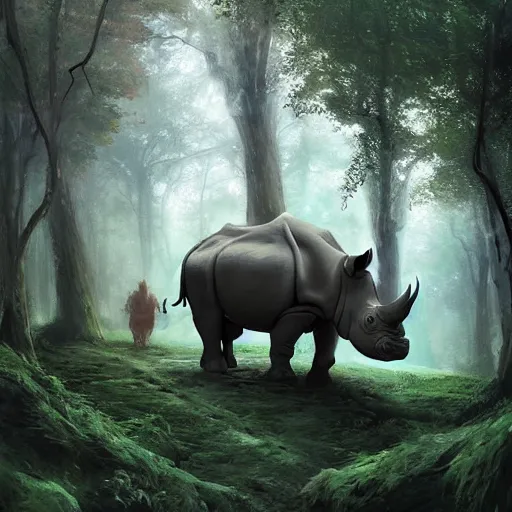 Image similar to a painting of a rhino in a forest, a detailed matte painting by marc simonetti, behance contest winner, fantasy art, matte painting, concept art, matte drawing. masterpiece