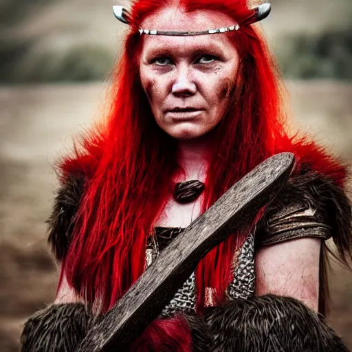 Image similar to Viking woman tribal, red hair,, photograph, national geographic, award winning.