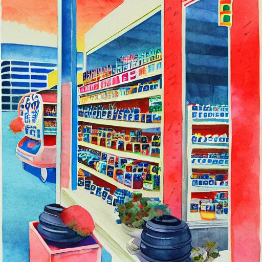 Image similar to japanese convenience store by me kyeoung lee, watercolor,