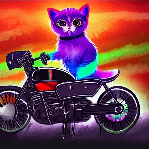 Image similar to wide angle full body, jacket wearing fluffy cute rainbow kitten wearing a black leather motorcycle jacket, riding on a motorcycle, cinematic concept art