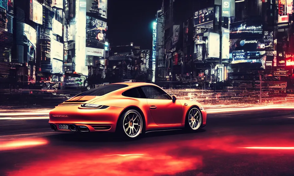 Image similar to photo of a porsche 911 at night drifting through a city, octane render, cinematic, 4k, long exposure photography, tokyo drift, fast and furious, film still, night photography, motion blur, lens flare, movie shot, light trail, distortion, wide angle