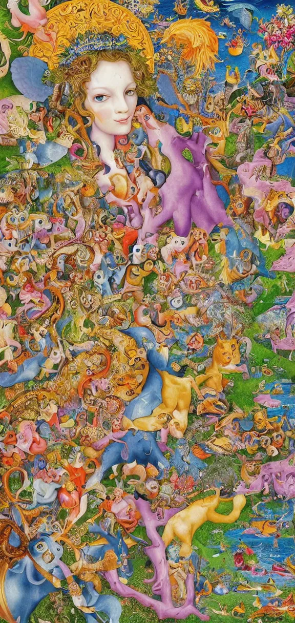 Image similar to an incredibly detailed masterpiece collaborative painting by bosch and lisa frank, ornate, detailed, high resolution, wow!, intricate