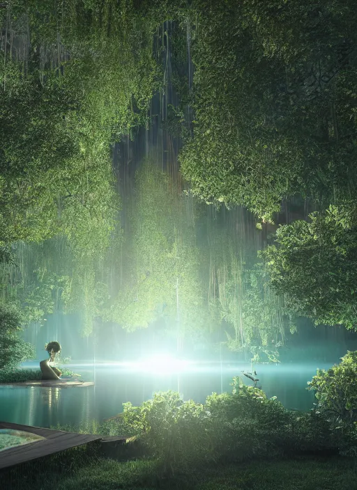 Prompt: photography at night of an ethereal pond with a central sunlight glare, mystical, cyber lights, masterpiece, epic, cinematic, hyperealistic, high detailed, corona render, hdr, ray tracing