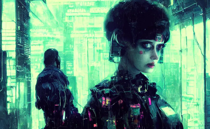 Prompt: detailed film still of portrait neon operator lady eva green in the movie blade runner, messy ponytail, cyberpunk futuristic, neon, reflective puffy coat, decorated with traditional japanese by ismail inceoglu dragan bibin hans thoma greg rutkowski alexandros pyromallis nekro, illustrated, perfect face, fine details, realistic shaded, fine - face,