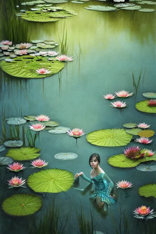 Image similar to light teal portrait in the rain on pond with waterlilies, fantasy, intricate, elegant, dramatic lighting, emotionally evoking symbolic metaphor, highly detailed, lifelike, photorealistic, digital painting, artstation, concept art, smooth, sharp focus, illustration, art by John Collier and Albert Aublet and Krenz Cushart and Artem Demura and Alphonse Mucha