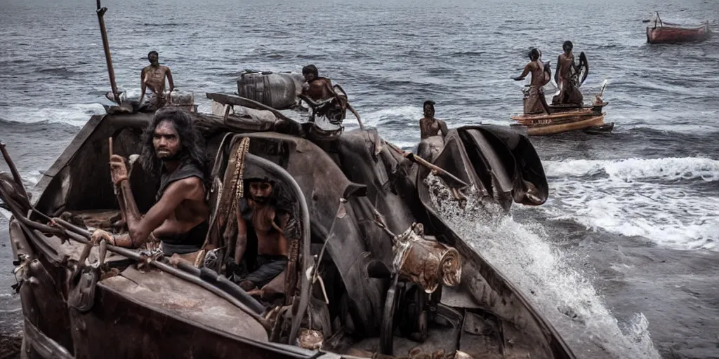 Image similar to sri lankan mad max style, boat, ocean, film still, epic shot cinematography, rule of thirds