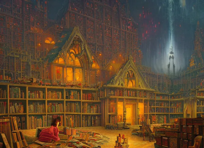 Prompt: the sacred library by simon stalenhag and thomas kinkade, oil on canvas, sharp, detailed - h 1 0 2 4