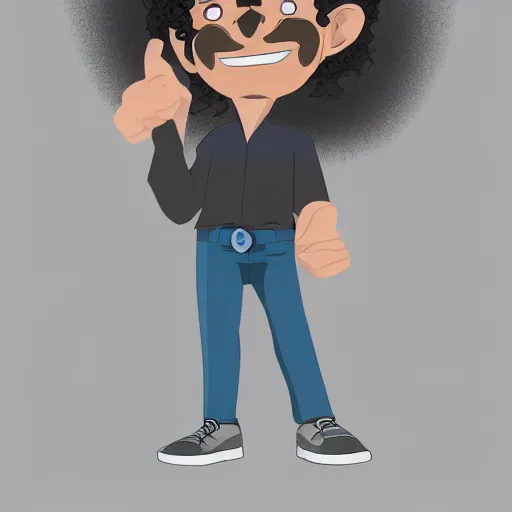 Prompt: Anime hispanic man with a small afro and a tiny mustache, 4k, character design, full body shot, Key Still