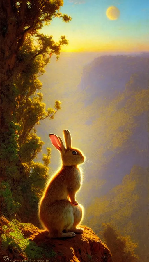 Image similar to hyper realistic rabbit looking off of a cliff, sun setting behind rabbit, lush forest in valley below, painted by gaston bussiere, craig mullins, j. c. leyendecker 8 k