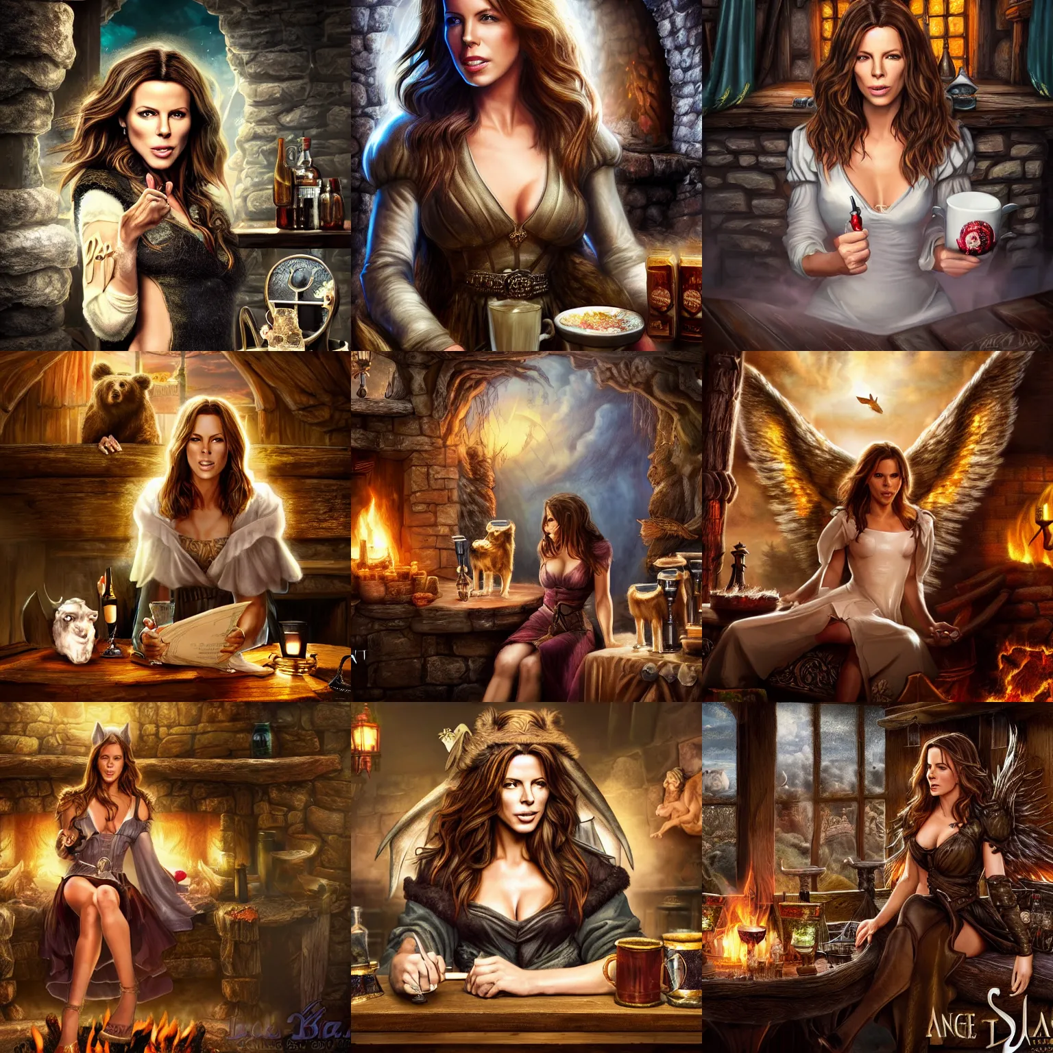 Prompt: kate beckinsale as angel weared in clouds, sit in fantasy tavern near fireplace, behind bar deck with bear mugs, medieval dnd, colorfull digital fantasy art, 4k
