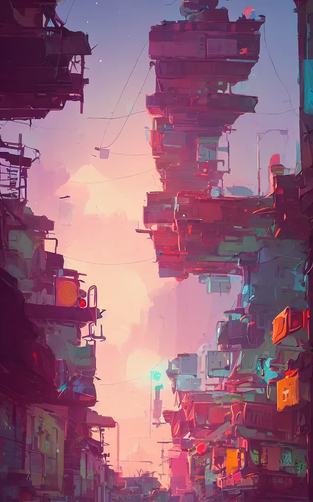 Image similar to an alley at street level in an abandoned city in a fantastic landscape against a ridiculous sky by Anton Fadeev and Simon Stålenhag