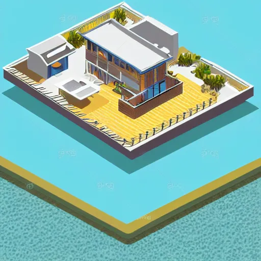 Image similar to an isometric illustration of a modern house by the beach,