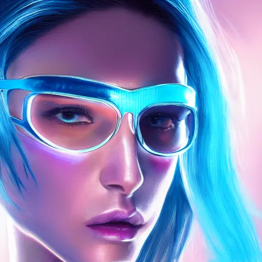 Image similar to very detailed masterpiece closeup painting of a very beautiful young mexican cyberpunk woman with light blue shutter shades, one side haircut, long brown hair with light blue ends, purple leather jacket, beauty mark on cheek, portrait, synthwave background, artstation, concept art by greg rutkowski