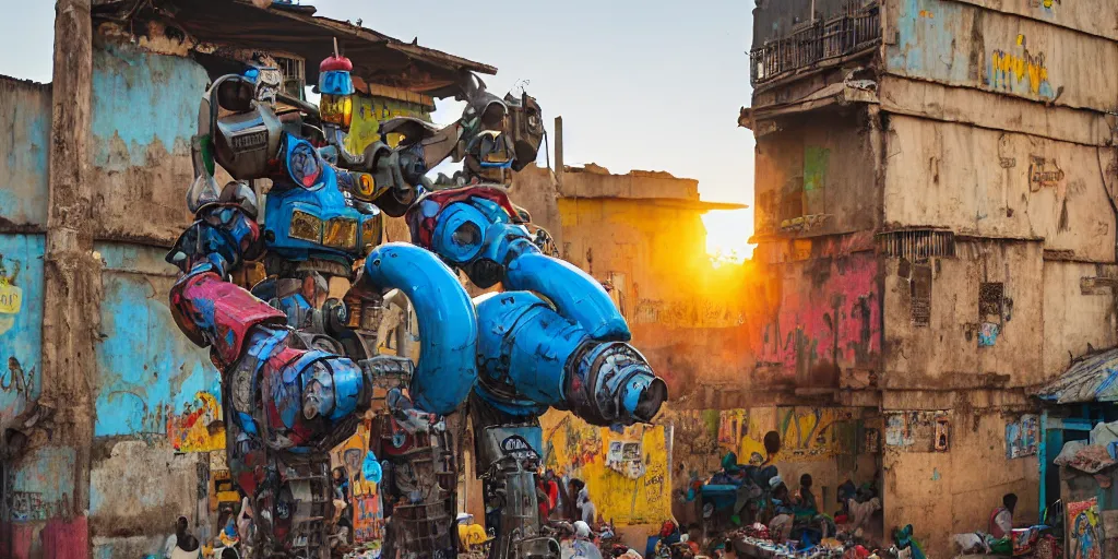 Image similar to colourful giant mecha ROBOT of AJEGUNLE SLUMS of Lagos, markings on robot, Golden hour,