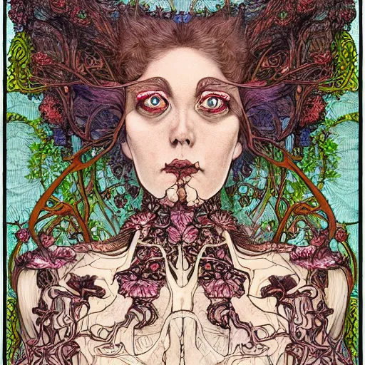 Image similar to a beautiful detailed front view portrait of a rotten woman corpse with fractal plants and fractal flowers and mushrooms growing around, symmetrical, ornate, ornamentation, illustration, in the style of art nouveau, mucha