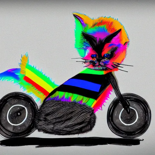 Image similar to wide angle full body, jacket wearing fluffy cute rainbow kitten wearing a black leather motorcycle jacket, concept art