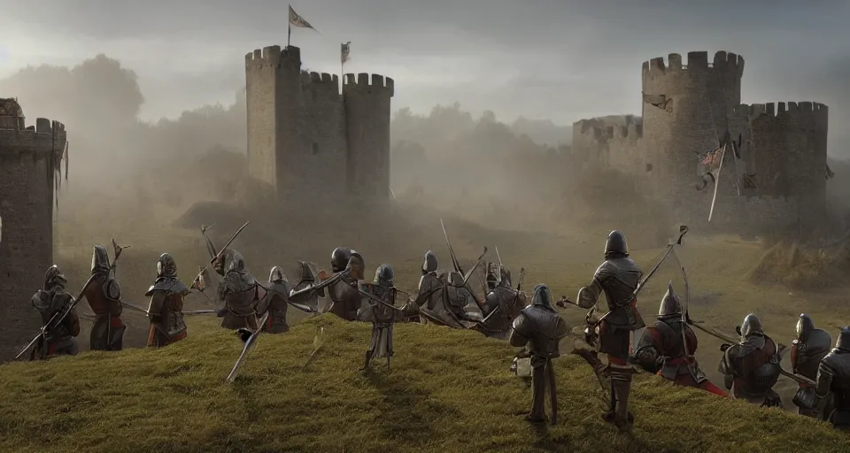 Prompt: ten medieval soldiers atop a castle wall looking at two trebuchets. it is a quiet morning. mist, epic, cinematic, volumetric lighting, symmetry, fantasy style, highly - detailed, unreal 5, realism