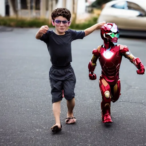 Prompt: a little ironman and his older brother goldman