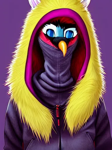 Image similar to portrait digital art. humanoid furry! anthro!!! anthro!!! anthro!!! avian, avian, avian!!! fursona, bird, bird, bird!!! digital art! trending on furaffinity! subject wearing hoodie and jeans!! subject is female!! female!!! big beak, big beak, big beak!!! blue feathers!! birdfolk!! owlkin!! detailed!!!
