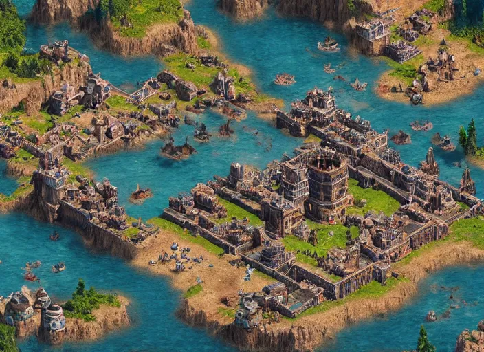 Image similar to isometric map of age of empires video game, procedural, top down, AOE2 , civilization, river, cave, mountain, futuristic , alien, buildings, digital art,realistic,detailed,art by greg rutkowski