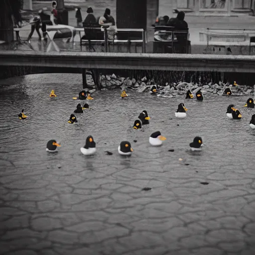 Image similar to angry rubber duck zombies biting terrified people, photography