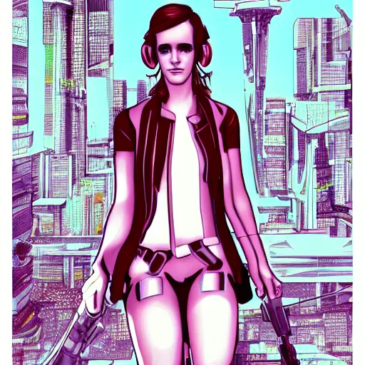 Prompt: cyberpunk emma watson as the leader of a futuristic communist nation, cybernetics, sharp lines, digital, artstation, colored in