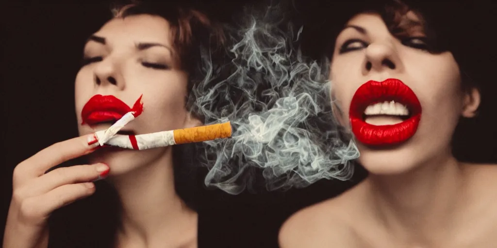 Prompt: analog photo of a burning cigarette inside a womans mouth, red lipstick
